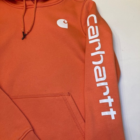 Carhartt Relaxed Fit Hoodie Womens XS 0-2 Orange Kangaroo Pocket Pullover Logo - Picture 3 of 12